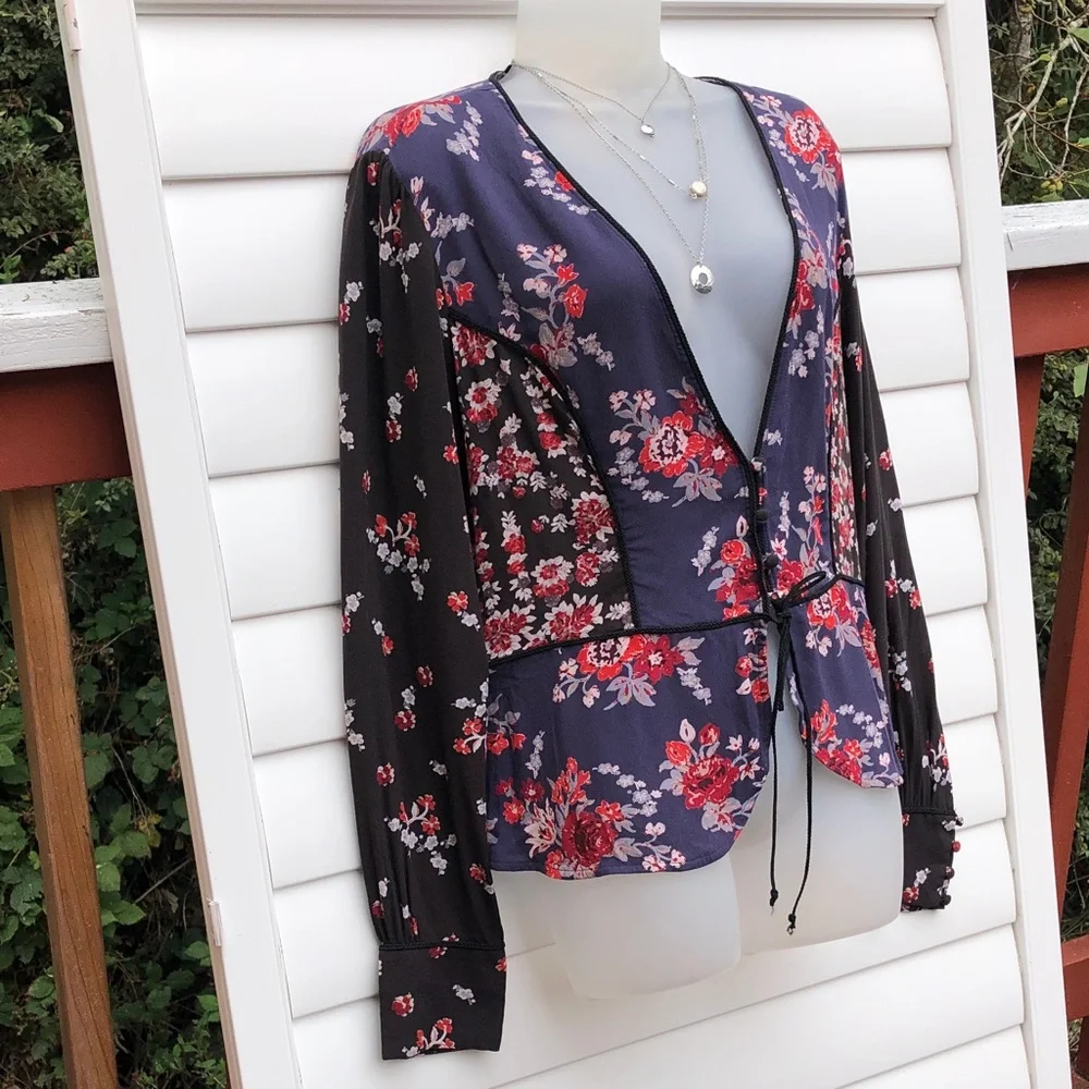 Free People Navy Floral Tie-Front Blouse with Black Sheer Sleeves